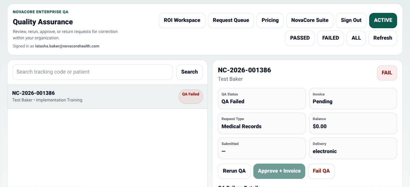 NovaCore enterprise quality assurance dashboard