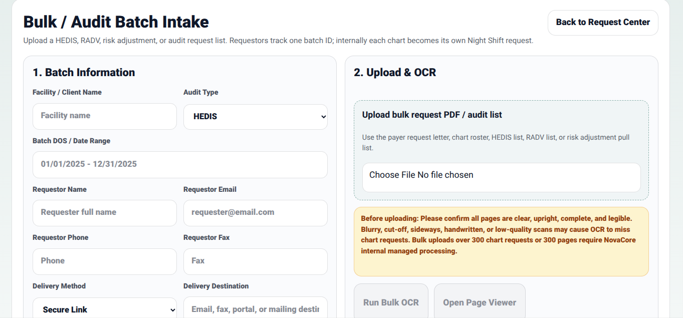 NovaCore bulk intake upload screen