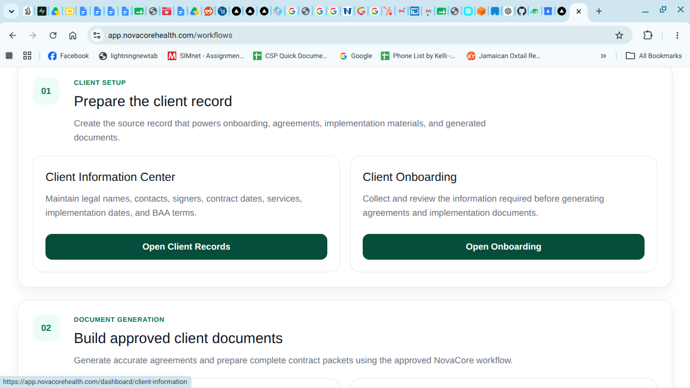 NovaCore Client Workflows dashboard